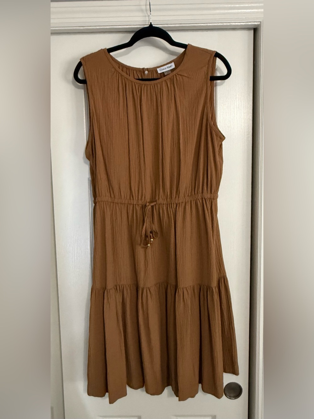 Calvin Klein Sleeveless Drawstring Waist Gauze  Dress in Camel Brown